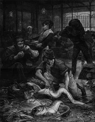 A corner of the Fish Hall in the morning (1880). Engraving after the painting by Victor Gabriel Gilbert in 