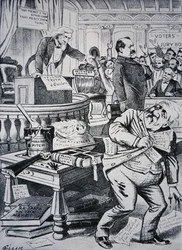 Grover Cleveland (1837-1908) telling the truth about his private life, while his opponent James Blaine (1830-93) is portrayed as corrupt