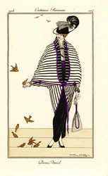 Woman in half-mourning outfit of cape and gown