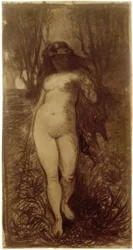Female nude in a nocturnal landscape with a rising full moon