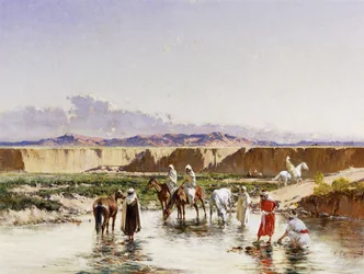 Arab Horsemen watering in an Oasis