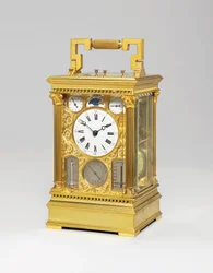 French brass grande sonnerie eight day carriage clock with full calendar, moonphase, barometer & thermometer