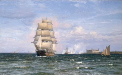 Danish Barque Ship before Kronborg Castle and Helsingør in the Distance