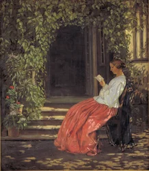 Reading Lady Outside a Garden Door