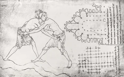 Two Wrestlers, Plan of a Cistercian Church and Plan of the Choir of Notre-Dame de Cambrai (facsimile copy)