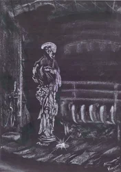 Statue by fireplace in candlelight