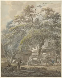 Farmyard with Two Men Loading a Cradle onto a Horse Cart