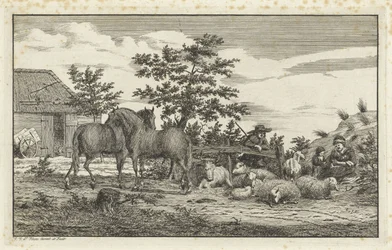 Shepherd with Seated Woman and Children by Sheep and Two Horses