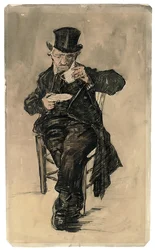 Poorhouse Dweller in Top Hat Drinking a Cup of Coffee
