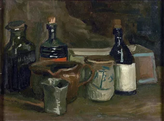Still life with bottles and pottery. Size: 31.5 x 41.8