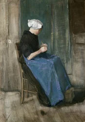Young Scheveningen Woman Knitting, Facing Right
