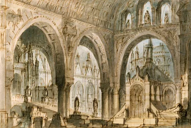 Set design for fourth scene of Capuleti and Montecchi, opera by Vincenzo Bellini, performed at La Fenice Theatre in Venice