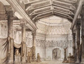 Set design for second scene of Norma, opera by Vincenzo Bellini, performed at La Fenice Theatre in Venice