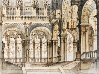 Set design for third scene of Capuleti and Montecchi, opera by Vincenzo Bellini, performed at La Fenice Theatre in Venice
