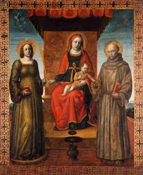 Enthroned Madonna and Child with Saints Bernardino and Catherine of Alexandria, Reverse Side of the Processional Banner of Orzinuovi, by Vincenzo Foppa