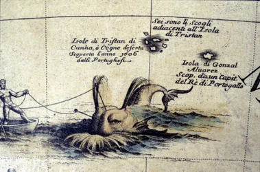 Whaling in the South Atlantic after a globe of Coronelli. 17th century