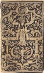 Strapwork and Foliage Ornament on Dark Ground with Monkeys and other Animals