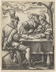 Two men and a woman playing cards at a table