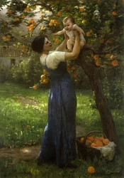 Mother and child in an orange grove