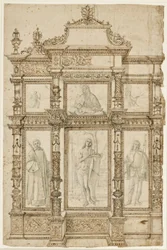 Study for an Altarpiece with Six Pictures Set in an Ornate Structure of Frames. Top: The Stigmatisation of St Francis, Madonna and Child, St Jerome in the Wilderness; Bottom: Sts Lawrence, Sebastian and Roch