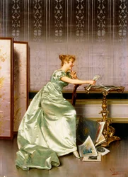 An Elegant Lady Admiring a Portfolio of Prints