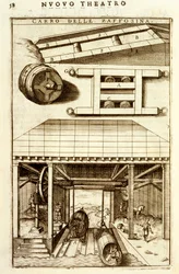 Horse-driven hydraulic pulley mechanism for moving goods between land and water, 1607