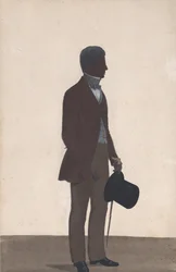 A young man, standing, full length silhouette, profile to right