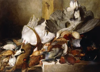 A Still Life of Dead Birds; A Heron Hanging from a Wall, Duck, Pheasant, Partridge, Woodcock, a Swan and a Pigeon with a Hare