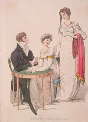 Two women and a man wearing full evening dress
