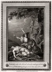 Thisbe takes the Sword already reeking with the blood of Pyramus, plunges it into...