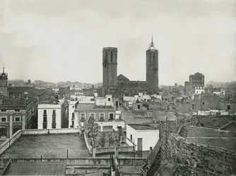 Part of the old city with cathedral, Barcelona, Spain, 1895