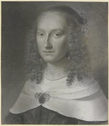 Bust-length portrait of a lady with long curls and a white wrap held by a clasp