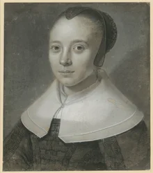 Bust portrait of a young woman facing half-left, with a black gauze cap and a broad smooth collar