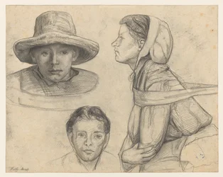 Study Sheet with Two Heads Facing Forward and a Female Figure Half-Length in Profile to the Left