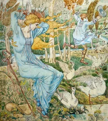 The Goose Girl. A young man tries to catch his hat blown away by the wind. A goose girl watches. Illustration by Walter Crane. Private collection.