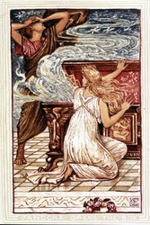 Pandora opening the box. Illustration by Walter Crane for “Wonder book for girls and boys”, London 1893.