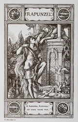 Rapunzel leans out of the window of a tower while a prince climbs up her hair