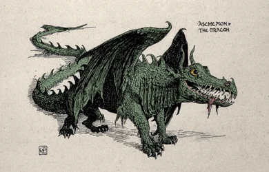 Representation of the mythological dragon Ashchemon (Drawing by Walter Crane, 1899)