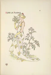 Rose La France. A young woman smelling a bouquet of flowers