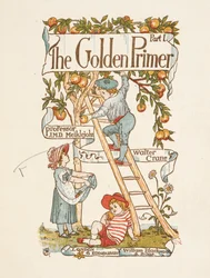 Title Page for the Golden Primer. A Child is on a Ladder, Picking Apples from a Tree