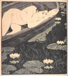 “The Boot”. A naked woman in a boat, gazing at water lilies