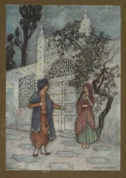 Plate 2: The prince revived, and, walking about, saw a human figure near the gate, from Folk-Tales of Bengal
