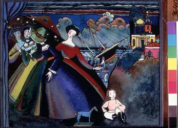 Young Women on the Quay, in the Distance a Ship Seems to Be Sinking. Painting by Vassily Kandinsky