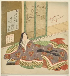 A court lady seated at a koto, looking out on a garden