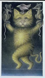 Cat on a Tightrope, balancing with Bird and Mice