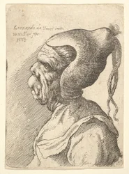 Bust of a Deformed Woman with Conical Hat and Two Dangling Plaits in Profile to Left