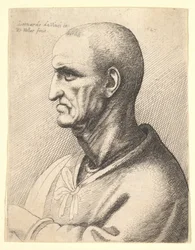 Man with stern expression in profile to left