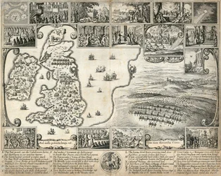 Map of the British Isles and illustrations of 17th century historical events