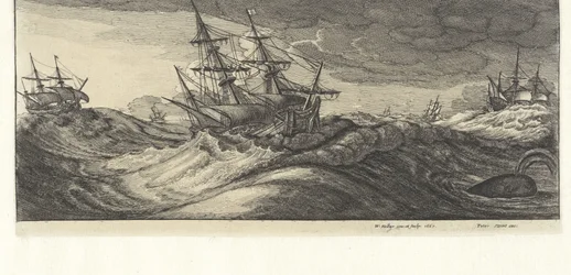 Warships and a Whale in a Sea Storm