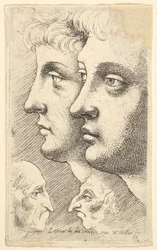 Two Youths in Profile with Two Grotesque Heads